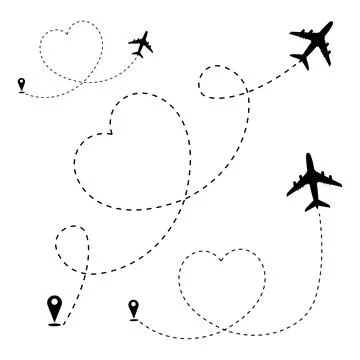 Heart airplane dotted line path. Love Airplane route in heart dashed lines Stock Illustration