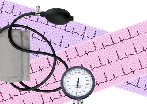 Heart analysis, electrocardiogram graph and blood pressure meter Fotos Stock