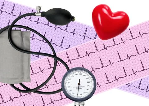 Heart analysis, electrocardiogram graph and blood pressure meter Stock Photos