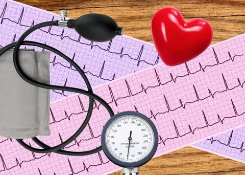 Heart analysis, electrocardiogram graph and blood pressure meter over wooden Foto stock