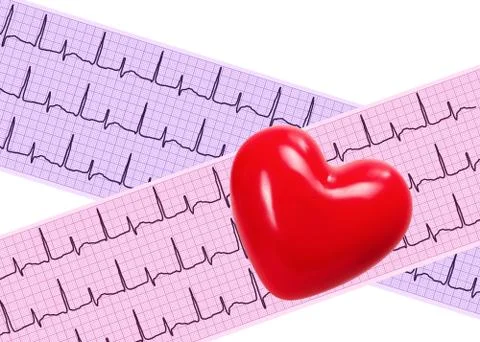 Heart analysis, electrocardiogram graph (ECG) and red heart Stock-Fotos