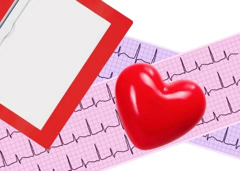 Heart analysis, electrocardiogram graph (ECG), clipboard and red heart Stockfoto's