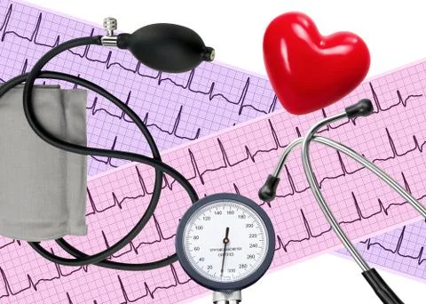 Heart analysis, electrocardiogram graph, stethoscope, heart and blood pressur Foto stock