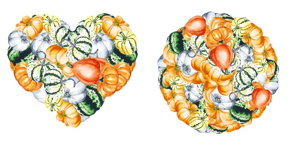 Heart and circle. Pumpkins in the shape of a circle and a heart. Watercolor Stock Illustration