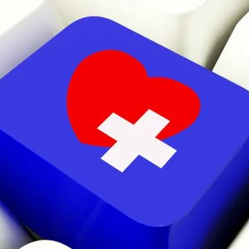 Heart and cross computer key in blue showing emergency assistance Stock-Illustration