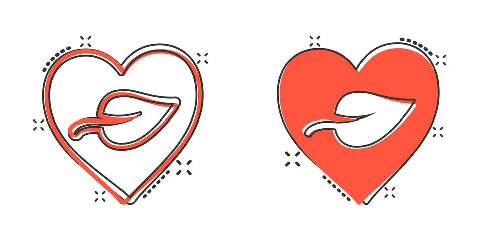 Heart and leaf icon in comic style. Vegan friendly cartoon vector illustratio Stock Illustration