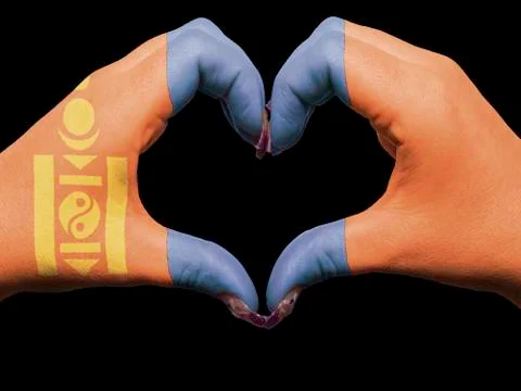 Heart and love gesture by hands colored in mongolia flag  for tourism Stock Photos