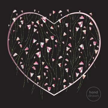 Heart and roses stylized vector background. Abstract flowers hand drawn love Stock Illustration