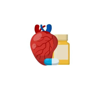 Heart and tablet packaging. Bottle of pills. Treatment of cardiac pain. Stock Illustration