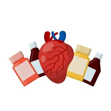 Heart and tablet packaging. Bottle of pills. Treatment of cardiac pain. Stock Illustration