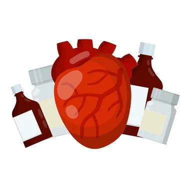 Heart and tablet packaging. Bottle of pills. Treatment of cardiac pain. Stock Illustration