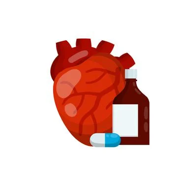 Heart and tablet packaging. Bottle of pills. Treatment of cardiac pain Stock Illustration