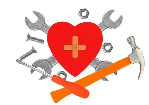 Heart and tools. Concept: Renovation of heart. Isolated on white Stock Photos