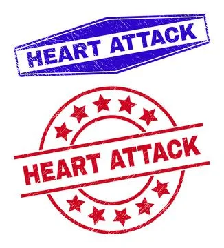 HEART ATTACK Corroded Stamps in Circle and Hexagonal Forms Illustrazione stock