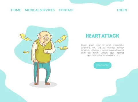 Heart Attack Landing Page, Elderly Man Suffering from Heartache, Website or Stock Illustration