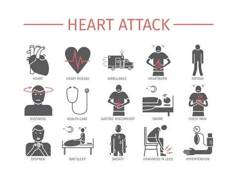 Heart Attack. Symptoms, Treatment. Flat icons set. Vector signs. Stock Illustration