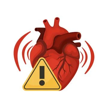 Heart attack warning concept with cardiac organ illustration and caution sign Stock Illustration