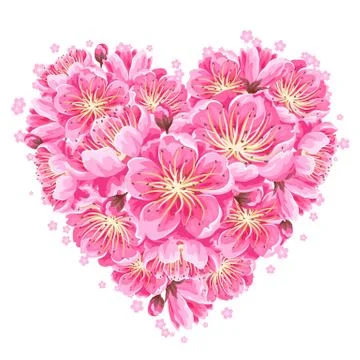 Heart background with sakura or cherry blossom. Floral japanese ornament of Stock Illustration