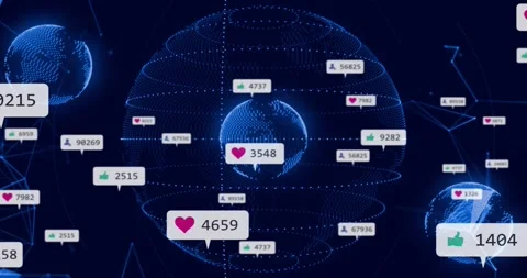 Heart badge starting dotted globe spawning badges along rings, updating counts, Stock Footage 321783302
