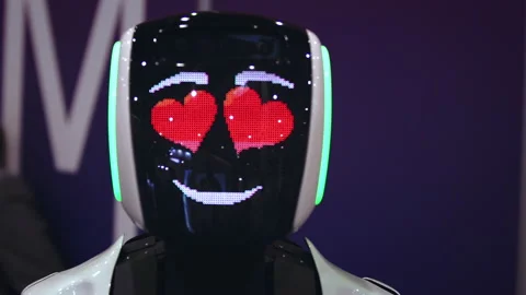 Heart beat robot on pixel display look camera. Smile anroid love people Video stock 139316369