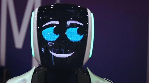 Heart beat robot on pixel display look camera. Smile anroid love people 写真素材