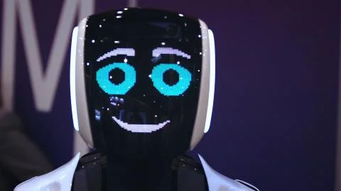 Heart beat robot on pixel display look camera. Smile anroid love people 写真素材
