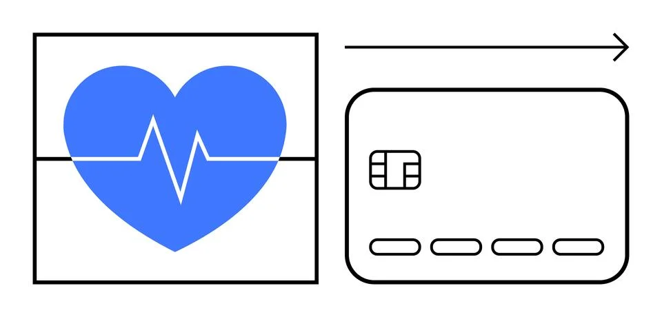Heart beating inside a blue heart shape next to a credit card, highlighting.. Stock Illustration
