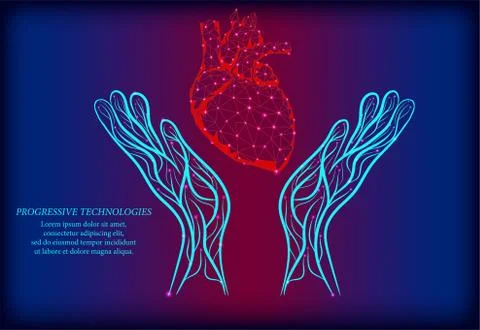 Heart behind two human hands low poly concept.Treatment of the heart with the Stock Illustration