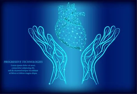 Heart behind two human hands low poly concept.Treatment of the heart with the Illustrazione stock