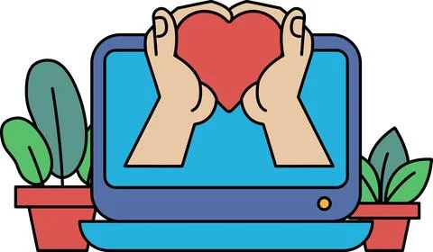 A heart is being held by two hands in front of a laptop 스톡 일러스트