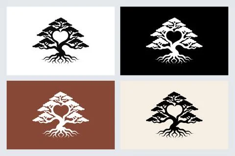 Heart Bonsai Tree Logo Icon Vector Set Stock Illustration