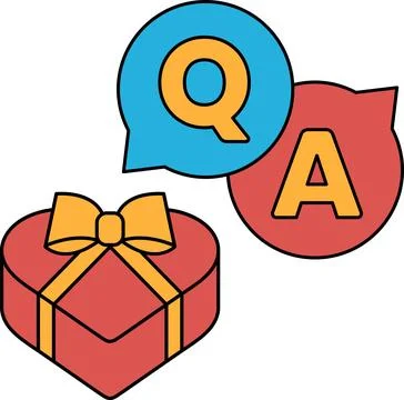 A heart with a bow is next to a box with a question mark and an A Stock Illustration