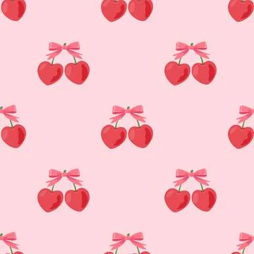 Heart Cherry Seamless Pattern, Vector Illustration. Cute Pink Cherry Print wi Stock Illustration