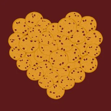 Heart Chocolate chip cookie set, Freshly baked Four cookies dark brown backgr Stock Illustration