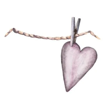 Heart on clothespin hanging on a string. Card with symbol of love Watercolor Stock Illustration