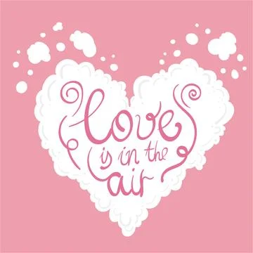 Heart clouds made float over pink sky,hand drawn style. puffy heart with text Stock Illustration