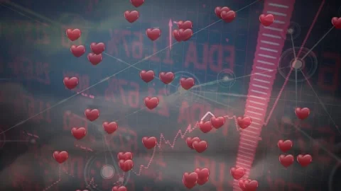 Heart cluster multiplying and rising in finance HUD as numeric ticker updating Stock Footage 331871215