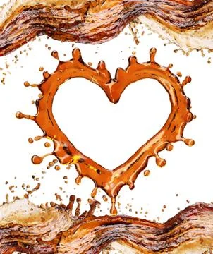 Heart from cola splash with bubbles isolated on white Illustrazione stock