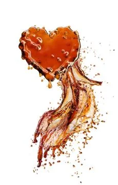 Heart from cola splash with bubbles isolated on white Illustrazione stock