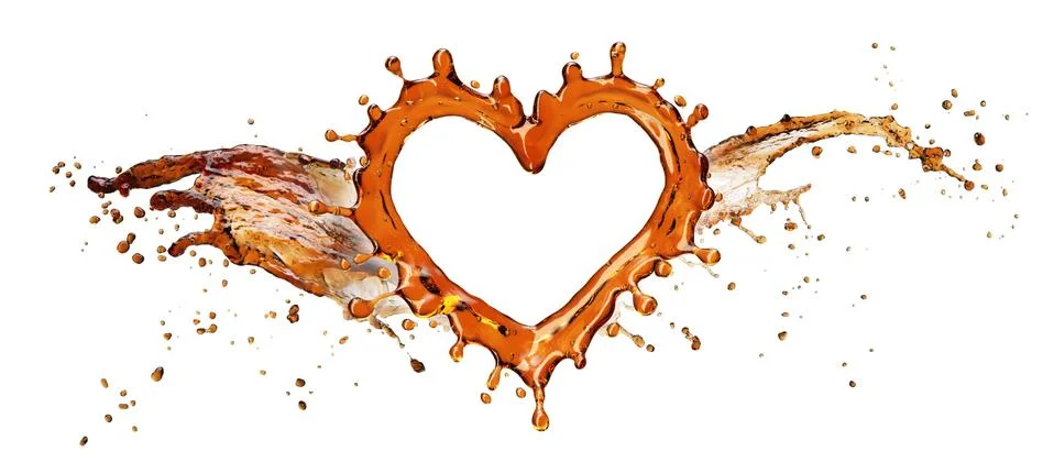 Heart from cola splash with bubbles isolated on white Illustrazione stock