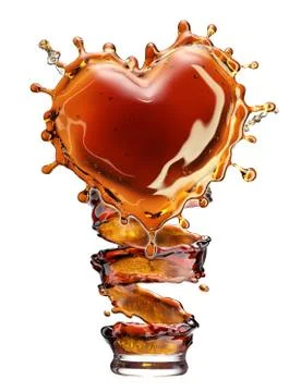 Heart from cola splash with bubbles isolated on white Illustrazione stock