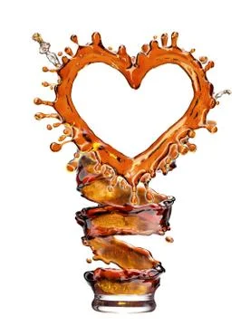 Heart from cola splash with bubbles isolated on white Illustrazione stock