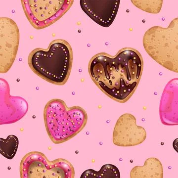 Heart cookie seamless pattern, vector Valentines Day dough food background Stock Illustration