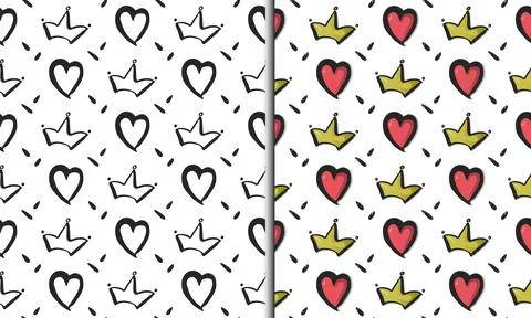 Heart, crown seamless patterns, collection of 2 illustrations. Hand drawn doodle Stock Illustration
