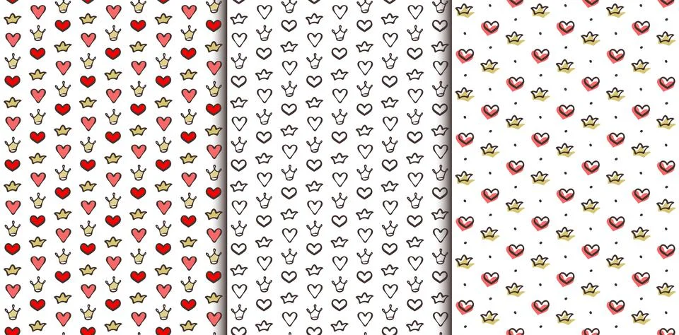 Heart, crown seamless patterns, set of 3. Hand drawn doodle graphic design Stock Illustration