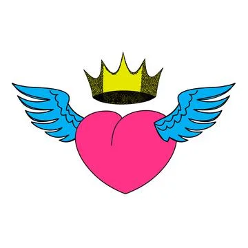 Heart in a crown with wings romantic composition greeting card template for Stock Illustration