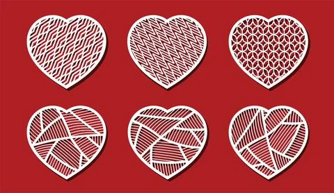 Heart cut on red background for laser cutting. Set of white ornamental hearts Stock Illustration