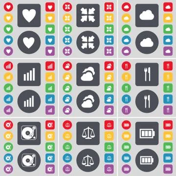 Heart, Deploying screen, Cloud, Diagram, Fork and knife, Gramophone, Scales, Bat イラスト素材