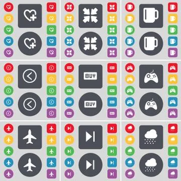 Heart, Deploying screen, Cup, Arrow left, Buy, Gamepad, Airplane, Media skip, Cl Stock Illustration