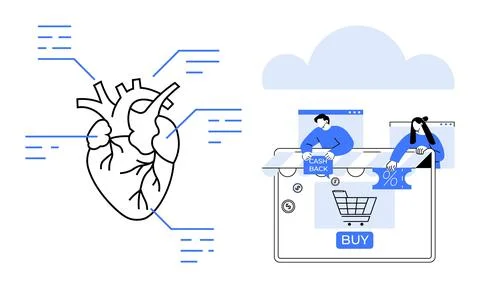 Heart diagram with connecting lines, computer screens, and online shopping el Stock Illustration
